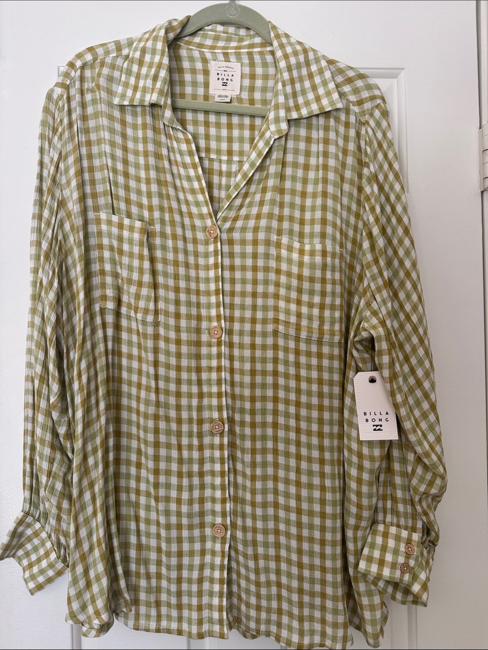 NWT Billabong Olive & White Checkered Women’s Blouse
